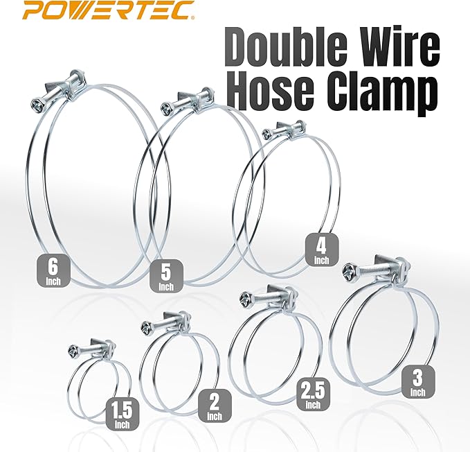 POWERTEC 70216 3 Inch Double Wire Hose Clamp with bolt, Adjustable Hose Clamps for Dust Collector, Dust Collection Hose and Dryer Vent Hose, Pipe Clamp, Worm Gear Clamp, 5 pack (Color May Vary)