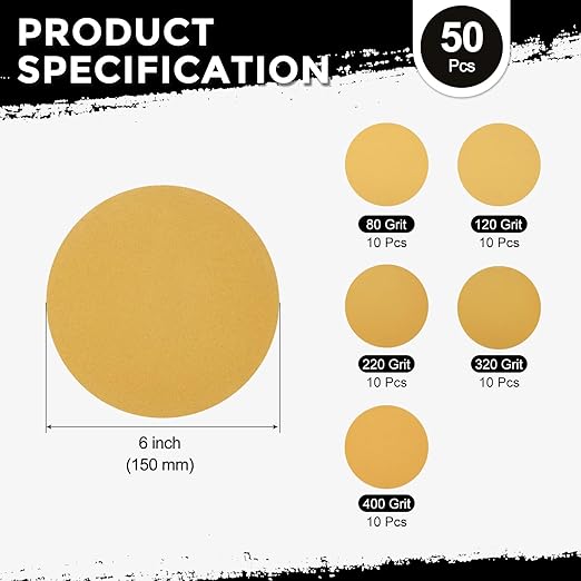 50 Pack Sanding Disc Kit 6 Inch 80/120/220/320/400 Grit Hook and Loop Random Orbital Sandpaper for Drywall Sander Wood Metal