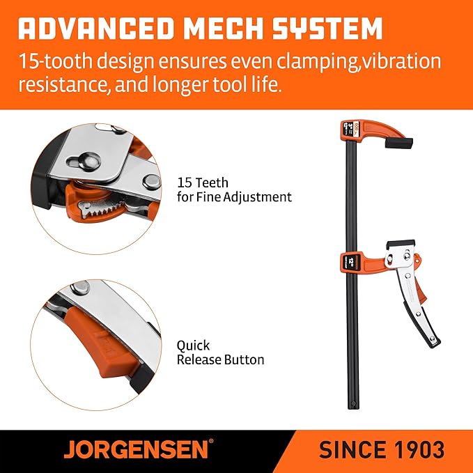 Jorgensen 12-inch Bar Clamp Set, Ratcheting Bar Clamp for Woodworking, Quick Release Gear Clamp with 600 lbs Load Limit - 2 Pack