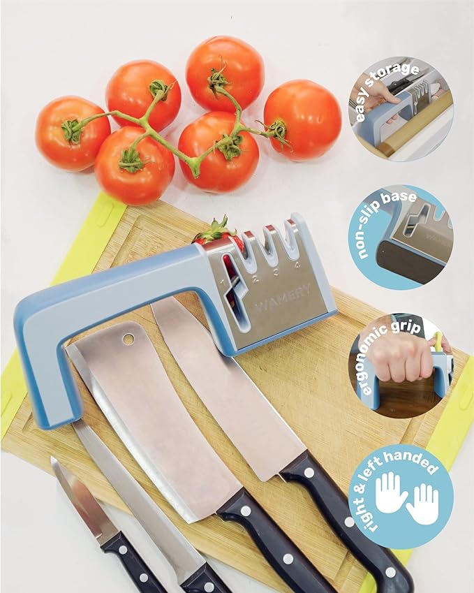 Wamery Knife & Scissors Sharpener, 4-Stage Pull-Through with Scissors Slot, Diamond & Ceramic Stages, Non-Slip Base, Ergonomic Handle - Restores Straight & Lightly Serrated Edges