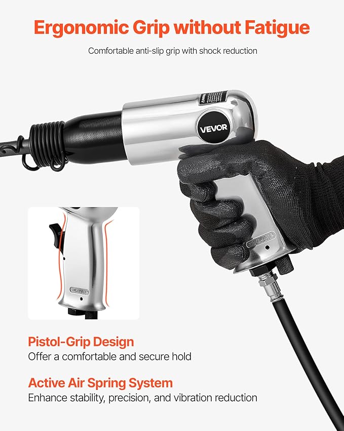 VEVOR Air Hammer, 3500BPM Pneumatic Hammer with 2.76 inch Stroke & 4PCS Chisels Round Shank, Pistol-Grip Compact Air Chisel Pneumatic Shovel Tool for Cutting Punching Scraping