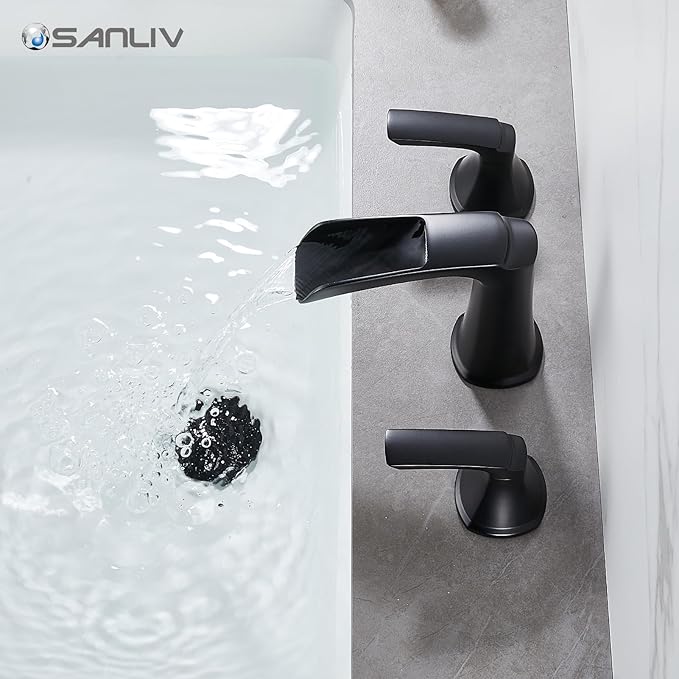 Matte Black Waterfall Bathroom Faucet, Sanliv 3-Piece Widespread Bathroom Sink Faucets, 2-Handle Vanity Faucet for 3-Hole Sinks 4-8 Inch with Pop-Up Drain, ?랱atte Black