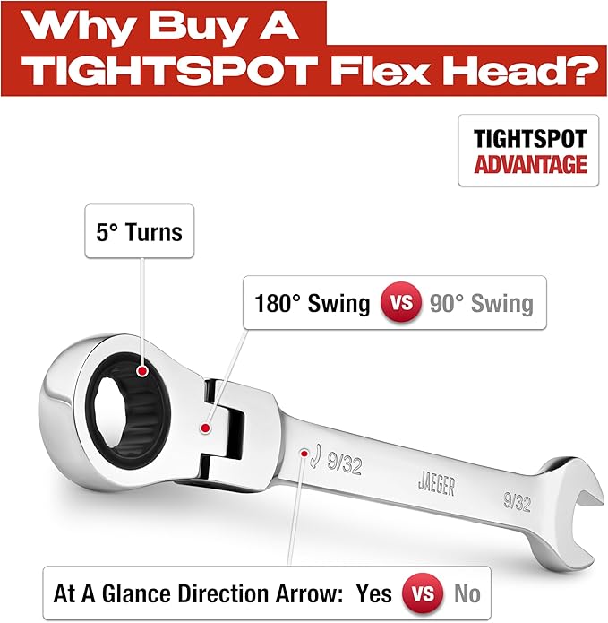 Jaeger 9/32 Inch Flex Head TIGHTSPOT Ratchet Wrench, 4 Degree Swing arc, 12-Point Ratchet Combination Wrench, 90-Tooth