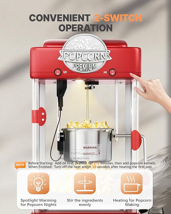 6 Oz Popcorn Machine Maker, Countertop Pop Corn Machine, Tabletop Popcorn Machine, Movie Theater Popcorn Popper Machine with Stainless-Steel Kettle, Measuring Tool for Home Family, 300 W, Red