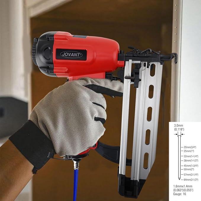 Pnumatic Finish Nailer,16Gauge Nail Gun Acepts 3/4 Inch up to 2-1/2 Inch Finish Nails.Brad Nailer Gun Can Hit Hardwood Ideal for Upholstery (Include 6m Air Tube & Portable Bag)