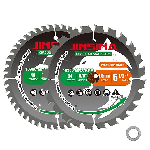 2PCS 5-1/2” Circular Saw Blade for Wood, 24T&48T TCT Cutting Blade, Fine Finish Crosscut Angled Bevels Framing Ripping for Plywood, Melamine, Oak, Pine, Laminate, Chipboard, 5/8"