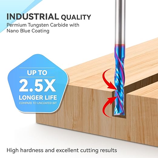 HQMaster Extra Long Spiral Router Bit Up & Down Cut 1/4 Inch Shank Solid Carbide CNC Router Bit with Nano Blue Coating CNC Bits End Mill for Woodwork Mortise Slot Trim