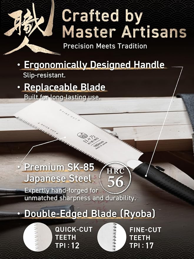 HIBINO Japanese Pull Saw 7” Ryoba Hand Saw | Quick-Cut & Fine-Cut Teeth | Compact, Double-Edge Blade for Precision Woodworking, Joinery & Detail Projects | Replaceable Blade | Made in Japan