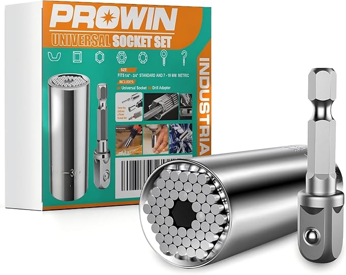 Prowin Universal Socket Set Gift for Men Dad Multi-Function 2 Pcs with Power Drill Adapter Birthday Holiday Cool Stuff Gadgets for Women Husband (7-19mm)