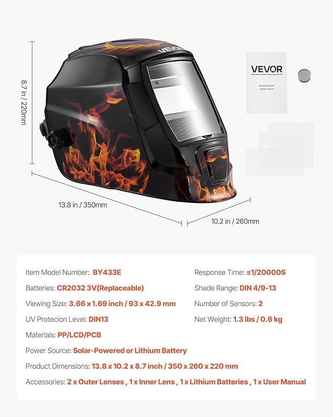 VEVOR Welding Helmet Auto Darkening, 3.66" x 1.69" True Color Welding Hood, Solar-Powered Welder Mask 2 Arc Sensors, Shade 4/9-13 for TIG MIG ARC Weld Grinding - CRIUS Series (Yellow Flame Pattern)