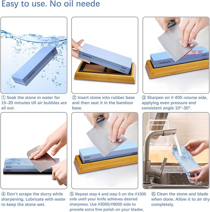 Intelitopia Complete Knife Sharpening Stone Set ??Dual Grit Whetstone 400/1000 3000/8000 Knife Sharpener with Leather Strop, Flattening Stone, Bamboo Base, 3 Non-slip Rubber Bases & Angle Guide