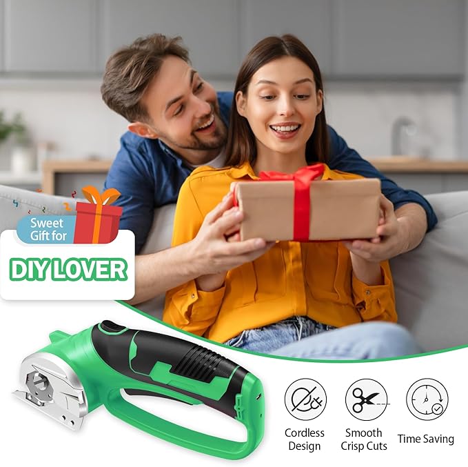 Cordless Electric Scissors, 4V Rechargeable Box Cutter & Cardboard Cutter with Titanium Blade, LED Light, Safety Lock - Rotary Cutter for Fabric, Leather, Plastic, Crafting, Sewing(Bright Green)