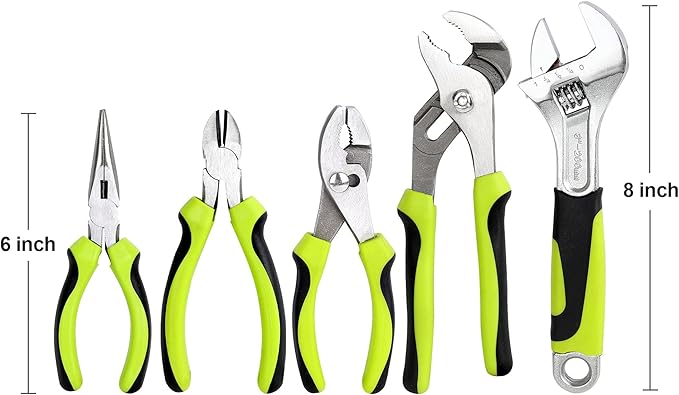 FASTPRO 5-Piece Utility Pliers Set with Storage Bag, Includes Groove Joint, Diagonal, Long Nose, Slip Joint Pliers and 8" Adjustable Wrench, Green