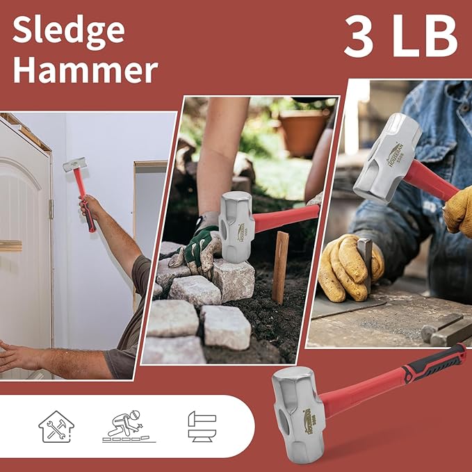 Sledge Hammer 3 Lb, Octagonal Head, Non-slip Rubber Grip, Heavy Duty Hammer For Construction, Gardening, Home Improvement