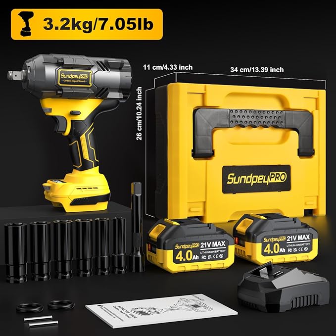 1/2" Cordless Impact Wrench - 1107Ft-lbs竊?500N쨌m竊?1V 3 Speed High Torque Brushless Impact Gun with 2 x 4.0Ah Batteries & Charger & 6 Sockets & 5" extension bar for Tire Removal Rusted Bolts