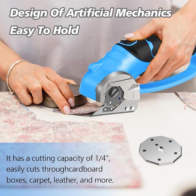 Cordless Electric Scissors, 4V Rechargeable Box Cutter & Cardboard Cutter with LED Light, Safety Lock - Rotary Cutter for Fabric, Leather, Carpet, Plastic, Crafting, Sewing with Storage Box (Blue)