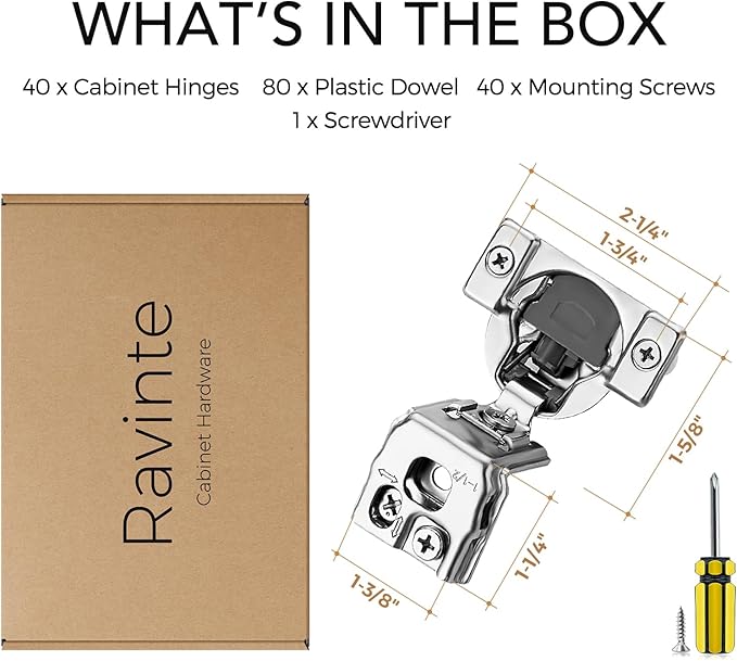 Ravinte 40 Pack 20 Pair 1-1/2 inch Overlay Cabinet Hinges Kitchen Soft Close Hidden Door Hinges for Kitchen Cabinet Stainless Steel Adjustable Satin Nickel Cupboard Hardware