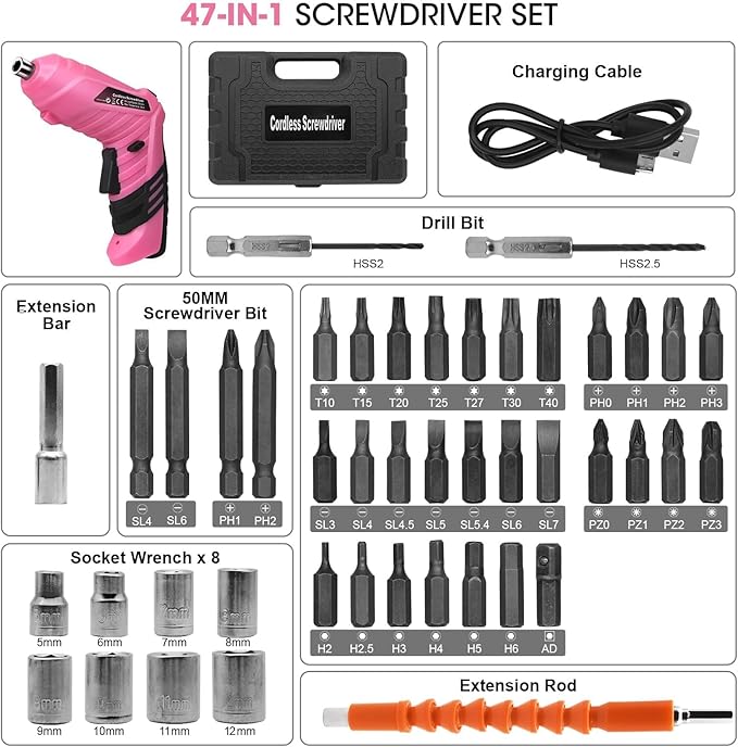 Pink Cordless Electric Screwdriver Set, 3.7V Rechargeable Small Electric Drill with 47pcs Driver Bit Set, Power 3Nm Screw Gun with 2 Position Handle, Flexible Shaft LED Light for Women