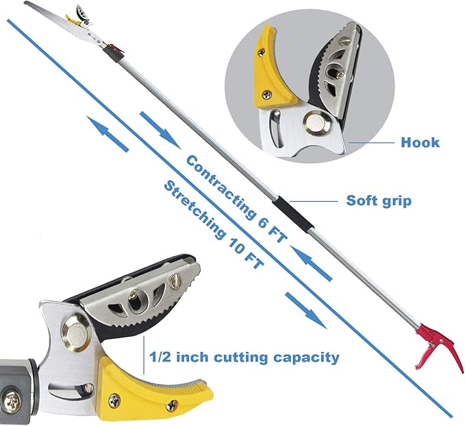 6-10 Foot Tree Pruner 2 Sections Extendable 4 Nodes Adjustable, Cut and Hold Pruning Trimmer, Long Reach Pole Saw, Telescoping Fruit Picker, Branches Bypass Lopper With Hook