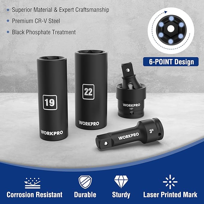 WORKPRO 1/2??Drive Impact Socket Set, 65PCS SAE(3/8??1-1/4?? and Metric(10-24mm) Deep & Shallow Kit, Ratchet Handle, Extension Bar, Impact Universal Joint and Adapters for Automotive Repair