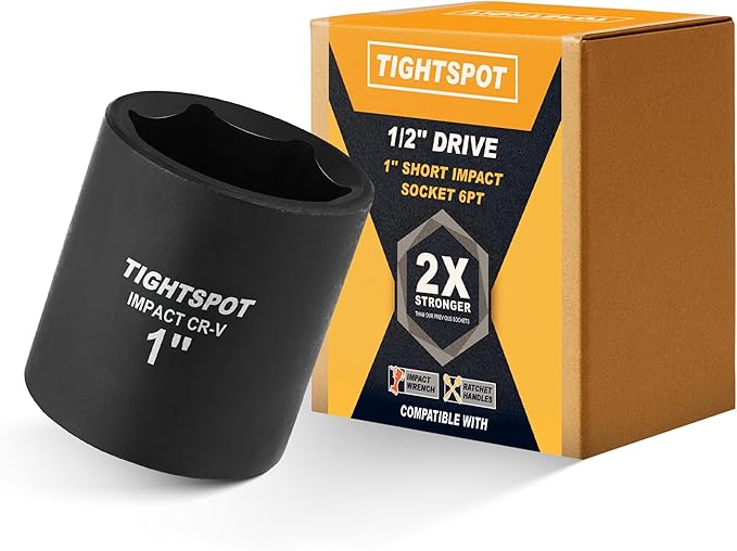 TIGHTSPOT 1/2 Inch Drive 1 Inch Shallow Impact Socket with Anti-Rounding 6 Point Design, Heat-Treated CRV Steel