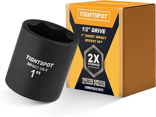 TIGHTSPOT 1/2 Inch Drive 1 Inch Shallow Impact Socket with Anti-Rounding 6 Point Design, Heat-Treated CRV Steel