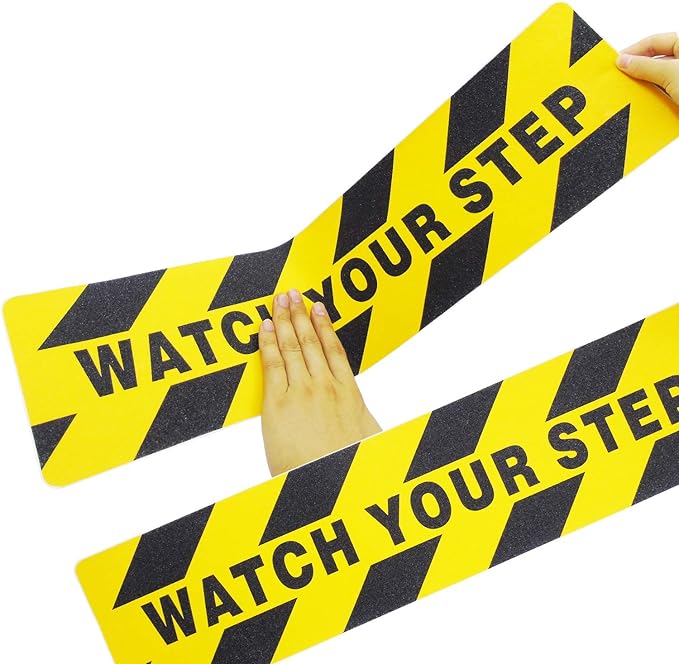 5 Pieces Watch Your Step Warning Sticker Adhesive Tape Anti Slip Abrasive Tape for Workplace Safety Wet Floor Caution, 6 by 24 Inches (Black and Yellow)