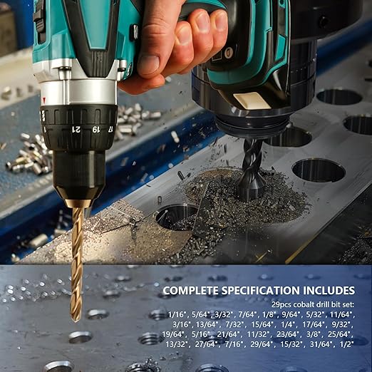 Cobalt Drill Bit Set - 29Pcs M35 HSS Twist Drill Bits for Hardened Metals, Stainless Steel, Cast Iron and Wooden Plastics with Metal Index Storage Box, 1/16"-1/2"
