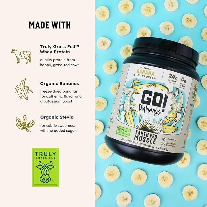 Earth Fed Muscle Go!?츭ananas Irish Grass?멑ed Whey Protein Isolate ??All Natural Banana Flavor, Zero Added Sugar, Soy?멑ree, Gluten?멑ree (2lb, 27 Servings, Banana)
