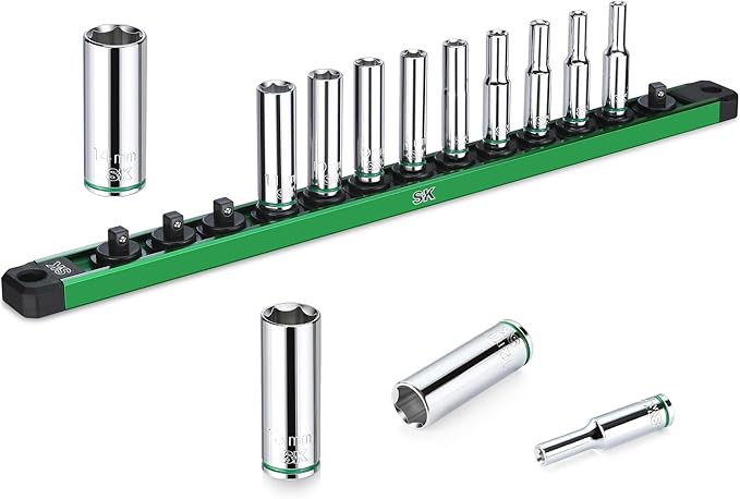 SK 1/4" Drive Socket Set, Deep Metric Sockets, 13-Piece 4-14 mm, SuperKrome Finish, Premium CR-V Construction, with Aluminum Socket Organizer