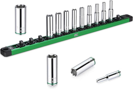 SK 1/4" Drive Socket Set, Deep Metric Sockets, 13-Piece 4-14 mm, SuperKrome Finish, Premium CR-V Construction, with Aluminum Socket Organizer