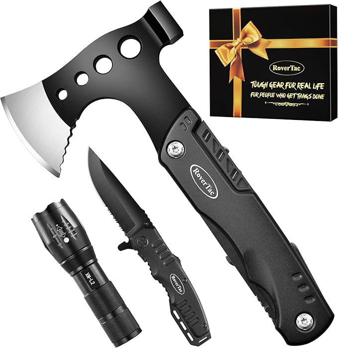 RoverTac Camping Gear Survival Tools Kit Multi Tool Set, 11-in-1 Multitool Axe, High Lumen LED Flashlight, Pocket Knife - Perfect for Camping Survival Hiking Fishing, Tools Gifts for Men.