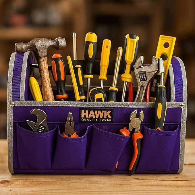 RAVEN 12.5" Purple Tool Carry-All | Premium Canvas with Multi-Pockets | Metal Handle & Rubber Feet | 12.5" x 9.5" x 8" | Best for Tools, Crafts & Supplies