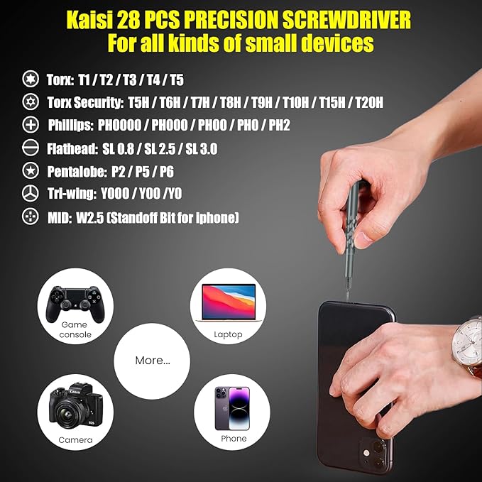 Kaisi Precision Torx Screwdriver Set 28 in 1,Mini Flathead and Phillips Torx T1-T20 Star Pentalobe CRV Small Screwdriver Set for Computer, Watches, Electronics, Eyeglasses Tools Repair Kit