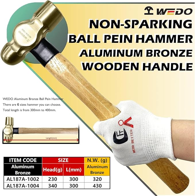 WEDO 2PCS Ball Pein Hammer,1/2lb+3/4lb Non-Sparking Ball Peen Hammer with Wooden Handle, Aluminum Bronze,Slight Magnetic,Die-forged,Corrosion Resistant,BAM & FM Certificate,DIN Standard