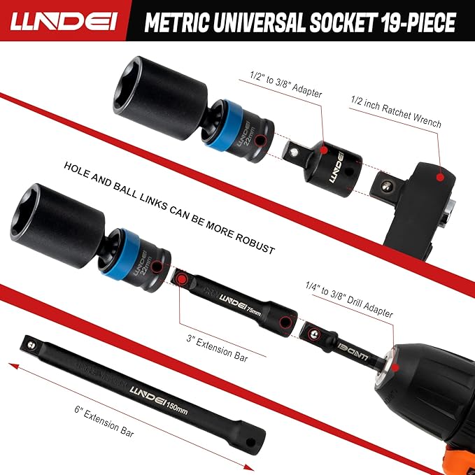 LLNDEI 3/8" Drive Swivel Socket Set, 19PCS Deep Universal Impact Socket Set, Metric(8mm-22mm) Premiun Wobble Socket Set, CR-MO Steel,3"& 6" Extension Bar, Ad