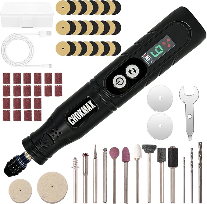 CHOKMAX Cordless Rotary Tool, 6-Speed Working Sreen Display Grinder Kit with Universal Collet and Front LED Light, 68 Accessories Art Craft Tool for Engraving, Sanding, Polishing, Drilling, Grinding