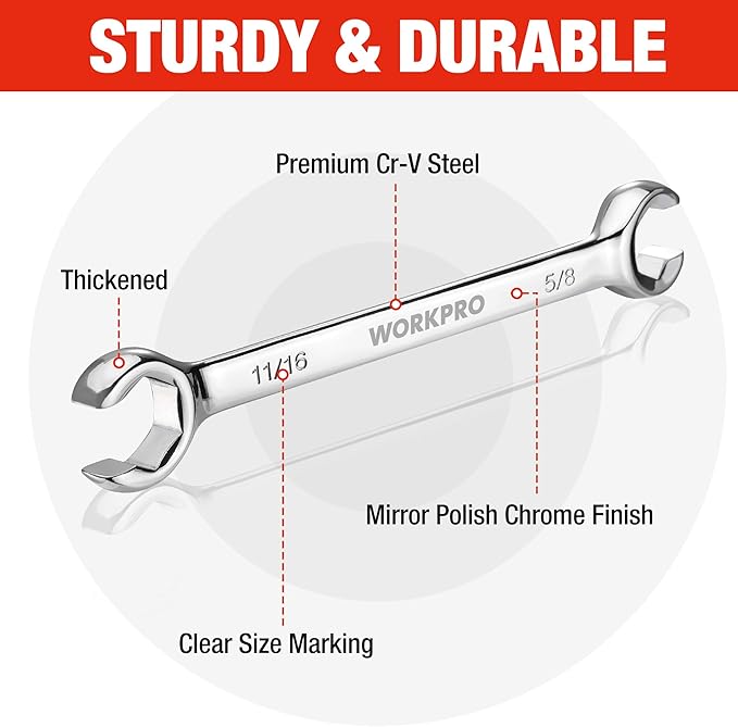 WORKPRO 4-Piece Flare Nut Wrench Set, SAE Brake Line Wrenches, 1/4", 5/16", 3/8", 7/16", 1/2", 9/16", 5/8", 11/16", Cr-V Steel, 15째 Offset Head Tubing Wrench, Organizer Pouch Included