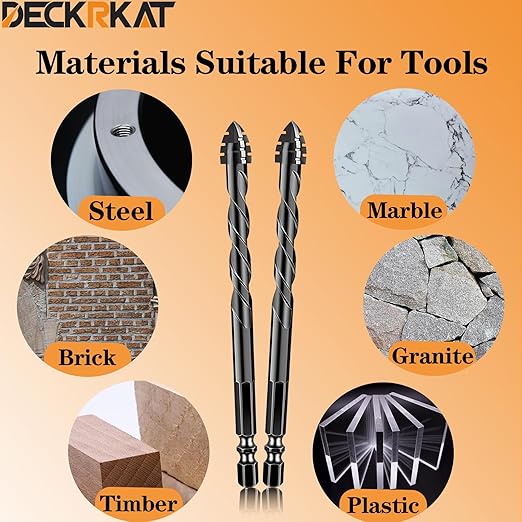 DECKRKAT Upgraded 5-Piece 3/8 Inch Black 4-Flute Serrated Masonry Drill Bits - Concrete, Tile, Glass, Brick, Ceramic, Plastic, Wood
