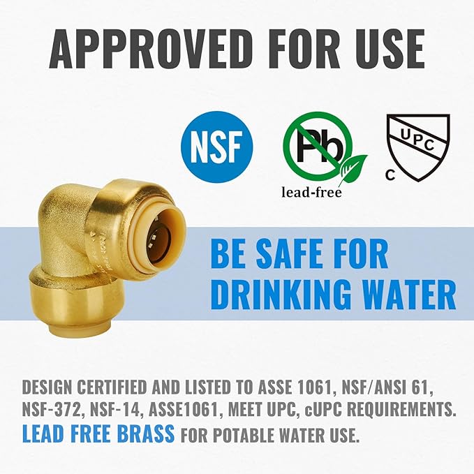SUNGATOR 1/2 Inch 90 Degree Elbow, Push Pex Elbow 1/2 Inch, No Lead Brass Push-to-Connect Plumbing Fittings for PEX Pipe, Copper, CPVC, with 1 Disconnect Clip, Pack of 2