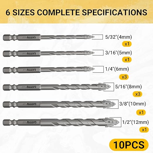 CATITO Multi-Tooth Concrete Drill Bit Set - 10PCS, Multi-Tooth Masonry Drill Bit, Carbide Tipped, Hexagonal Shank Drill bit, Glass, Brick, Ceramics, Plastic and Wood