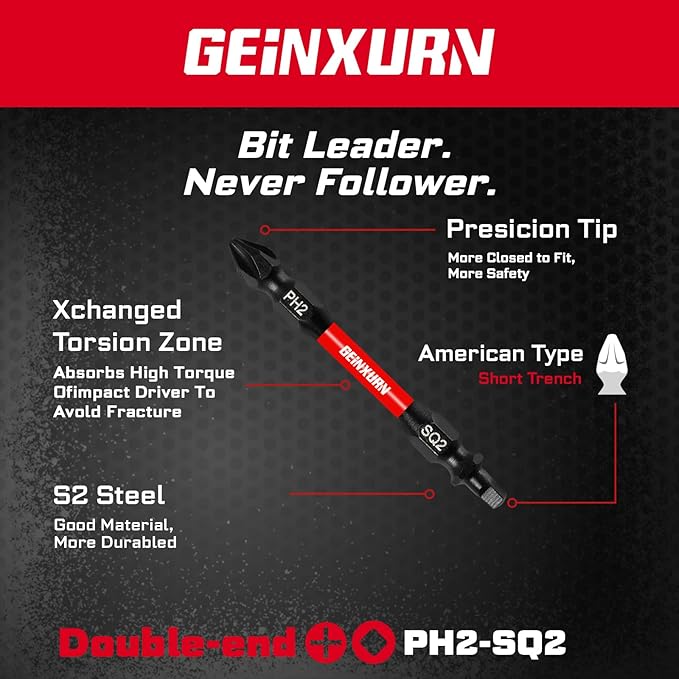 10Pcs PH2-SQ2 Impact Double End Screwdriver Bit Set, 2.56 in. #2 Phillips /#2 Square Power Driver Bits, Magnetic S2 Steel Two Sides Screwdriver Bits Set with Storage M-Box