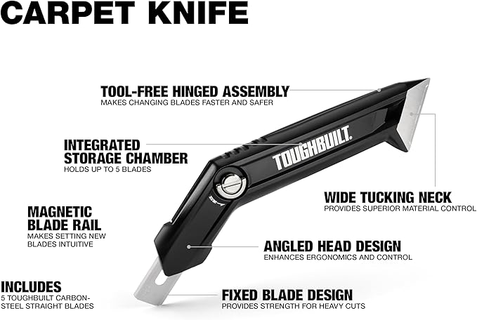 ToughBuilt ??Carpet Knife, Heavy-Duty Fixed Utility Knife with Ergonomic Handle and Quick-Change Blade Mechanism, Precision Cutting Design for Carpet, Vinyl & Flooring Applications (TB-H4-11-CK)
