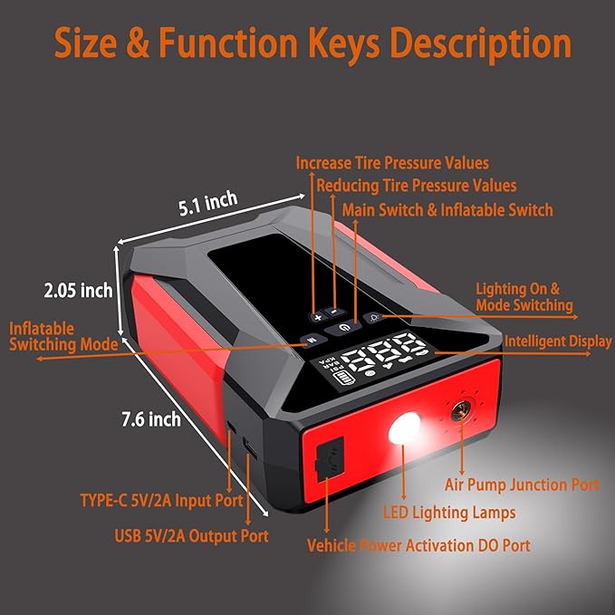 Car Jump Starter with Air Compressor, 4000A Portable Car Battery Jump Starter (8L Gas/6L Diesel), 12V Battery Charger Booster,150PSI Auto-Shutoff Tire Inflator, Portable Jumper Cables