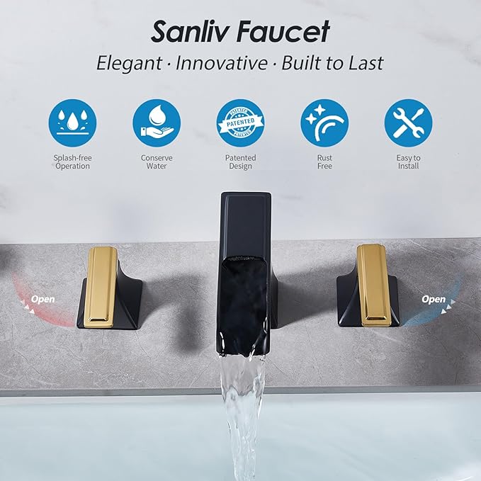 Two-Tone Black and Gold Bathroom Faucet, Sanliv 2-Handle Widespread Bathroom Faucet for 3-Hole Sinks 4-8 Inch, 3-Piece Waterfall Vanity Faucets with Pop-Up Drain, Black and Gold
