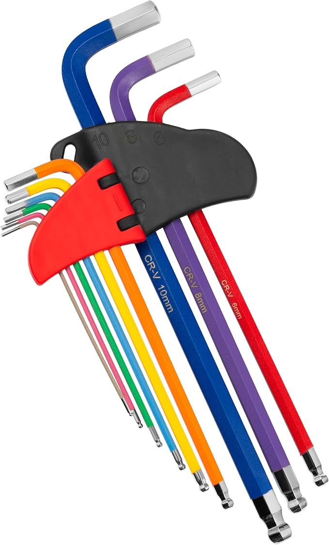 Hex Key Allen Wrench Set - 9Pcs Long L-Shaped Arm Handle Design, Metric 1.5-10MM with Ball End & Flat Head, Hardened Steel Tool for Bike Repair, Furniture Assembly & Machinery Maintenance
