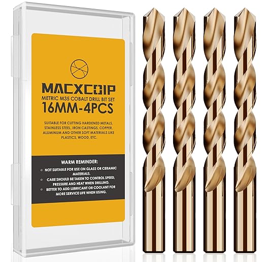 Metric 4Pcs M35 Cobalt Drill Bit Set, 16mm HSS Cobalt Jobber Drill Bits, for Hardened Metals, Stainless Steel, Cast Iron and Wooden Plastics