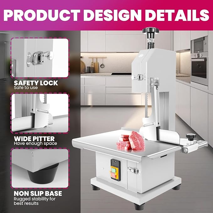 1500w Electric Meat Bone Saw, Stainless Steel Tabletop Meat Bandsaw for Butchering, Cutting Thickness 0.8-7.1 Inches, Commercial Frozen Meat Cutting Machine with 6 Blades, Workbeach 19.3 "x 15.35"