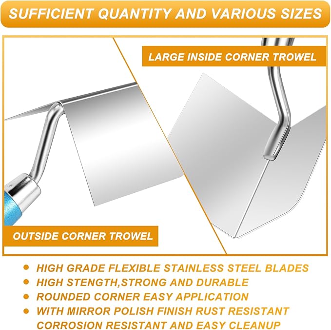 Lasnten 9 Pcs Drywall Knife and Drywall Corner Tool Set Includes Paint Scraper Knives Inside Outside Stainless Steel Corner Trowel, 16" Mud Pan Mixer with Soft Grip Handle for Wallpaper