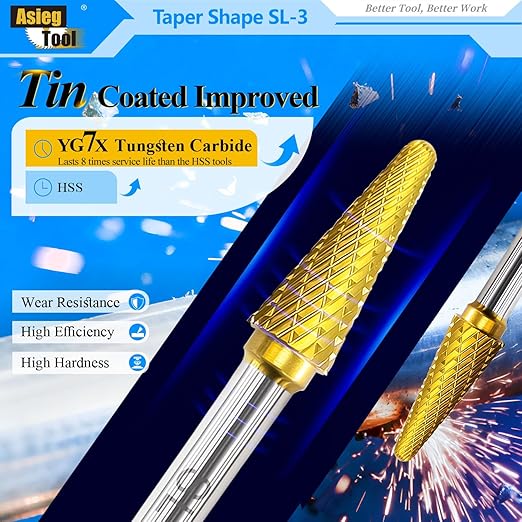 SL-3 5pcs Tungsten Carbide Burr TiN Rotary File Taper Shape with Radius End Double Cut with 1/4" Shank for Die Grinder Drill Bit
